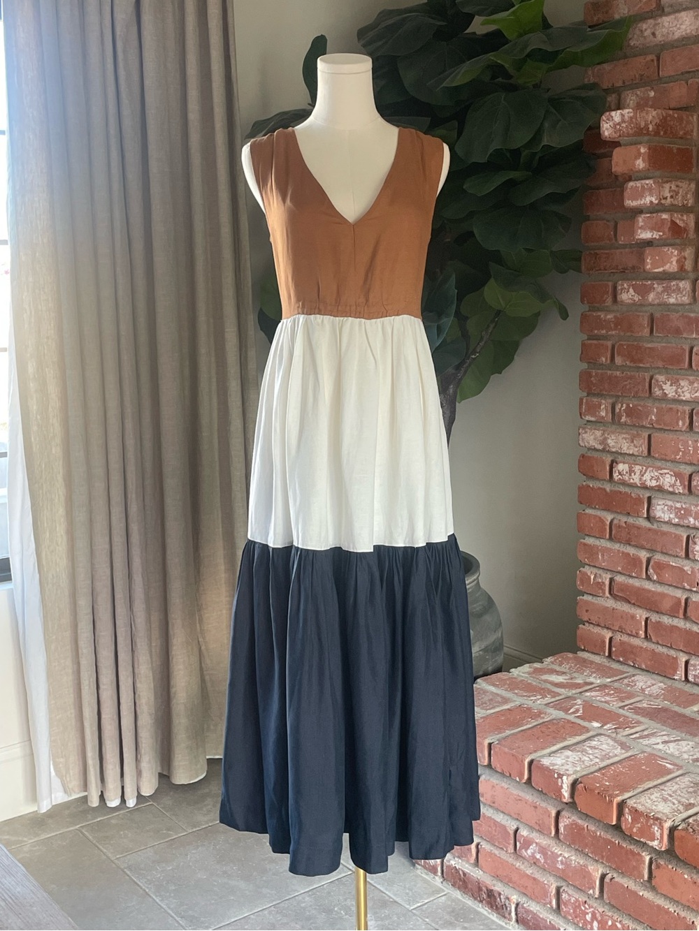Anthropologie Colorblock Tiered Maxi Dress - Orange/White/Navy